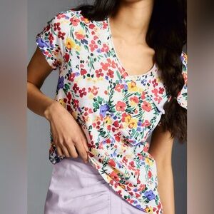 Anthropologie T.La Floral Printed Multicolor Short Sleeve V-neck Top Tee XXS